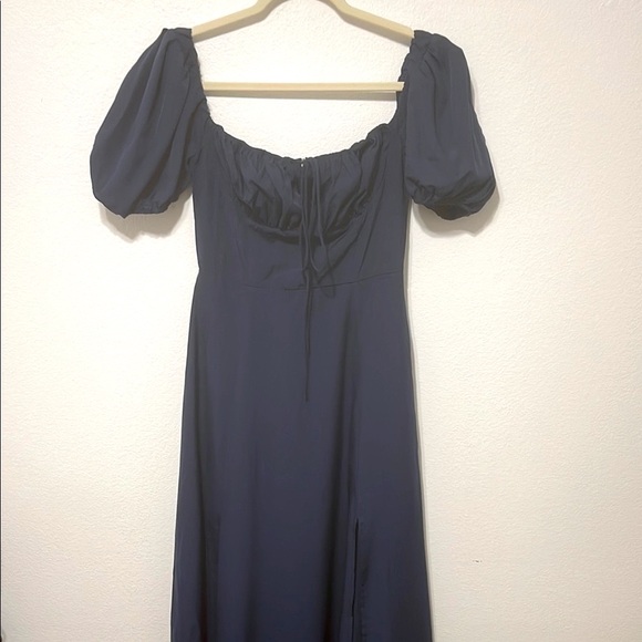 Kutumai Maxi Off-Shoulder Puff Sleeve Dress Front Slit Navy Size Small PTP 15 “ - Picture 1 of 7